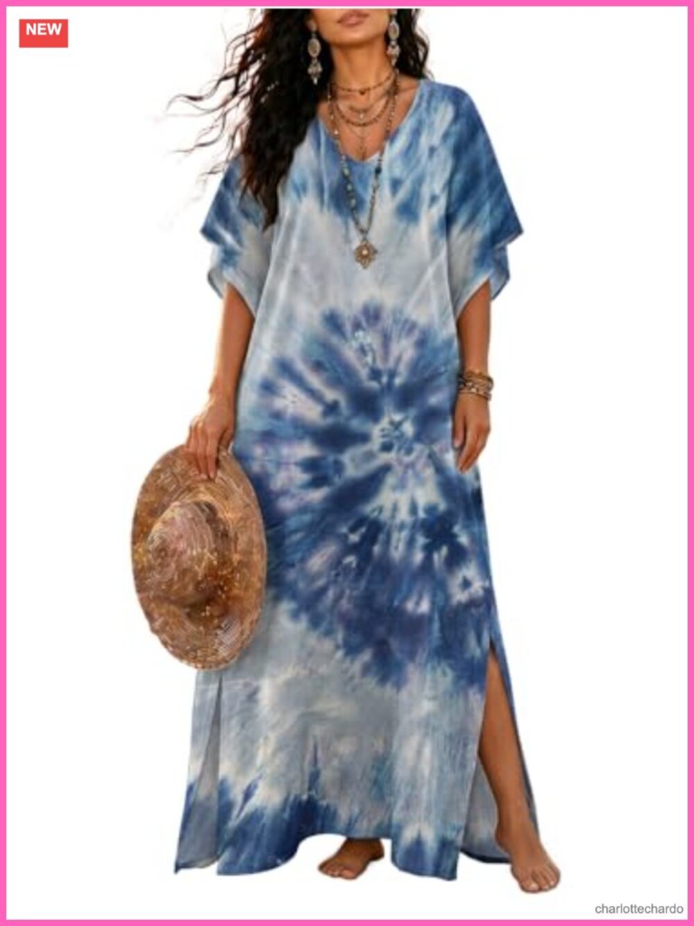 Women's Plus Size Cotton Kaftan Dress Maxi Batwing Sleeve V-Neck Side Pockets